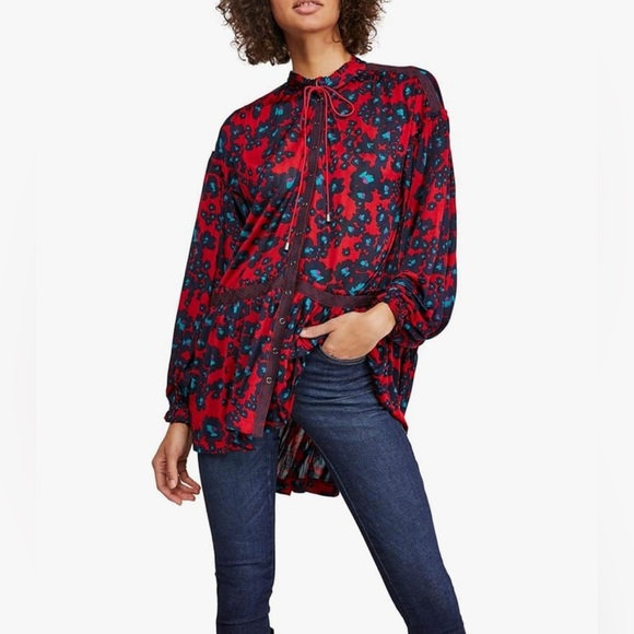 FREE PEOPLE Dopamine Boho Love Letter Oversized Flowy Red Floral Tunic Top Sz M - Picture 3 of 17